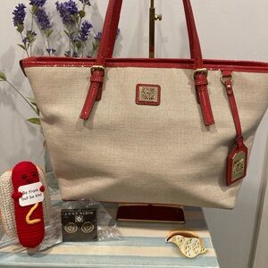 Anne Klein Cream Canvas Tote Bag with Red Patent Trim Bundle